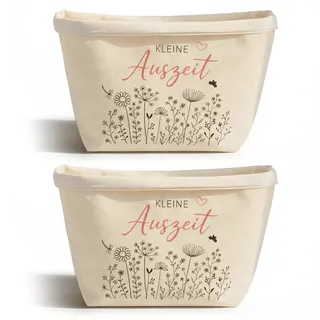 WALLFID Kleine Auszeit Stoffkörbe 2er Set aus Baumwolle & Leinen, multifunktionale Aufbewahrung, Geschenkidee für Frauen, Wellness, Bad & Kosmetik