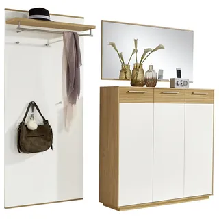 Garderobe, Weiß, Eiche, Holz, Holzwerkstoff, 3-teilig, Eiche, furniert, massiv, teilmassiv, 220x195x37 cm, Goldenes M, Made in Germany, DGM-Klimapakt, Garderobe, Garderoben-Sets & Serien, Garderoben-Sets