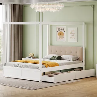 xixiworkshop Himmelbett 140x200cm, Doppelbett mit 2 Großen Schubladen und Weicher Rückenlehne, Holzbett mit Lattenrost, Ohne Matratze, Weiß