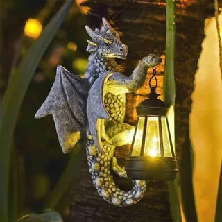 Famanu Drachenfigur auf Baumstamm – Dekorative Sonnenlampe für Garten, Terrasse & Balkon – Wasserdichte Außendekoration mit LED – Originelles