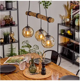 hofstein Pendelleuchte Hängelampe aus Metall/Holz/Glas in Schwarz/Natur/Bernsteinfarben, ohne Leuchtmittel, Hängeleuchte im Retro/Boho Design mit Glasschirmen und Holzbalken, E27 beige