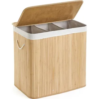 Mondeer Bambus-Wäschekorb mit Deckel, 150 L, 3 Fächer, Natur