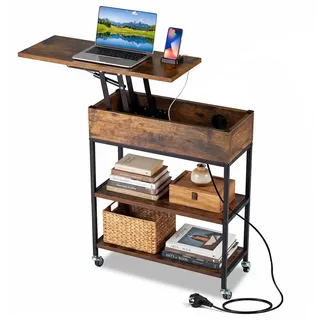 COSTWAY Beistelltisch, schmal mit Hebeplatte & Ladestation & Rollen Sofatisch braun