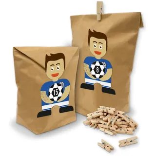 itenga Adventskalender Fußball Bastel-Set I 24 Geschenktüten aus Papier I Deko Holzklammern I Motivsticker Fußballbande I Aufkleber mit den Zahlen 1 bis 24 (Blau/Weiß)
