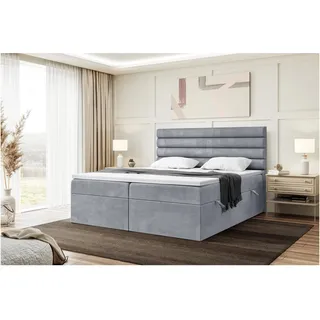 MEBLINI Boxspringbett mit Bettkasten - Gepolstert Doppelbett mit Matratze und Topper - Polsterbett mit Stauraum - Bett mit Kopfteil - Stauraumbett - Karim - 200x220 - H4/Grau Samt