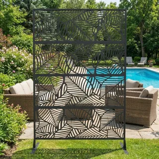 Sichtschutz Metall, Freistehender Paravent 180x120 cm, Wetterfester Sichtschutz Für Garten Terrasse Balkon Outdoor Deko, Raumteiler Mit Ständer, Verzinkter Stahl, Blatt Schwarz