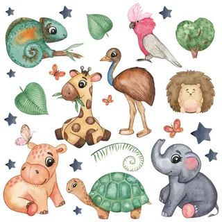 WandSticker4U®- Wandtattoo Kinderzimmer BABY TIERE (78x57 cm) I Wandsticker Baby Elefant Giraffe Igel Strauß Sterne Safari I Wand Deko Mädchen & Junge Möbel Aufkleber