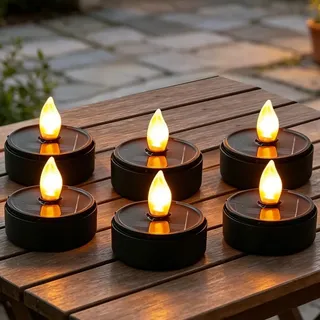 SKIKHN 6 Stück Solar Teelichter für Außen,Solar LED Teelichter,Led Kerzen Outdoor Wetterfest Flammenlose,Klein Solar Kerzen für Garten Balkon Hof Weg Hochzeit Halloween Weihnachten Herbst Dekoration
