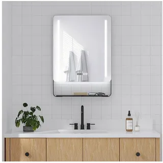 AQUALAVOS Badspiegel Wandspiegel Bad Spiegel mit Ablage 50x70cm LED Uhr Lightspiegel, Moderne Badspiegel mit Beleuchtung, Ablage, Uhr, Antibeschlag