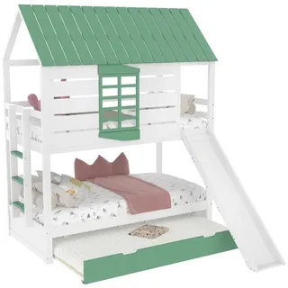 OKWISH Kinderbett Jugendbett,Funktionsbett,Hausbett, mit Rutsche (90x200 Haus-Etagenbett mit Rutsche und Ausziehbett in Weiß+Grün – Kreatives Kinderzimmermöbel mit Sicherheitsgitter, Gästebett., 90X200), mit Rutsche und Ausziehbett 236 cm x 205 cm x 228 cm