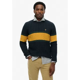 Strickpullover SUPERDRY "Cotton Stripe Cable Jumper", Herren, Gr. XL, eclipse navy, track gold, Strick, Obermaterial: 100% Baumwolle, gemustert, regular fit normal, Rundhals, Rippbündchen, Pullover Strickpullover