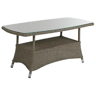 Gartencouchtisch Hornbrook 120x65 cm aus Kunst-Rattan mit Glasplatte, klassisch, natur, für Outdoor