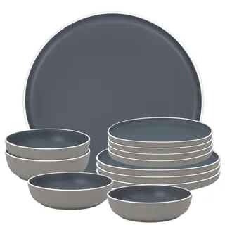 BRUNNER: Melamin Geschirr-Set Camping | 12-teilig - Teller + Schüsseln für 2-4 Personen | Trilogy Dark Midday - Stapelbar, Kratzfest - hochwertig + edel | Steingutoptik und Porzellanhaptik | Antislip