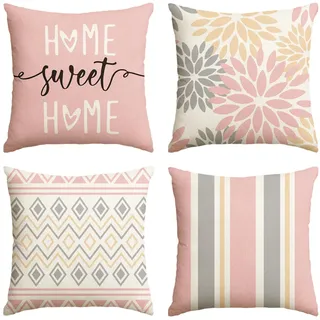 Artoid Mode Rosa Dahlien Geometrisch Kissenbezüge 4er Set, 50x50 cm Frühling Zierkissenbezug Cushion Cover Couch Wohnzimmer Außenbereich Deko
