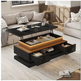 MODFU Couchtisch Moderner Beistelltisch in Hochglanz mit Technik (Sofatisch, kaffeetisch, Wohnzimmertisch, 1-St., Mit unauffälligem Stauraum für ein aufgeräumtes Wohnzimmer), 100x50x40 cm, höhenverstellbar, LED, USB & 2 Schubladen schwarz