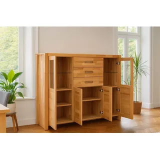bv-vertrieb Highboard Highboard Sideboard Glasvitrine Kernbuche geölt Schubladenkommod #4398