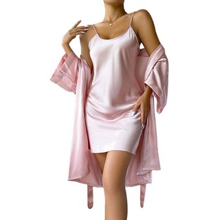 ZWY Sleepshirt Damen Nachthemd Satin Sexy Nachtwäsche Set, Seidig glatte Textur rosa