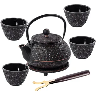 KADAX Japanische Teekanne 0,8  L mit 4 Teetassen für losen Tee, Japanisches Teeservice aus Gusseisen, Gusseiserne Kanne mit Teesieb, Deckel, Griff & Untersetzer (Schwarz)
