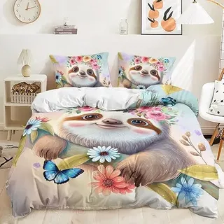 EXSANLIEAY Bettwäsche 135x200 Faultier Bettbezug 135x200 Tier Bettwäsche-Sets Weich Mikrofaser mit Reißverschluss und 2 Kissenbezüge 80x80 cm für Jungen und Mädchen