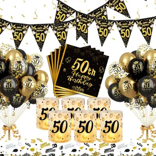 YEJIKJ Deko 50. Geburtstag Mann, 50 Geburtstag Tischdeko Mann Frauen,50. Schwarz Gold Deko Luftballons,50 Jahr Happy Birthday Partydekorationen Set mit Windlicht Konfetti Servietten Banner