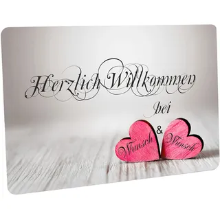 Crealuxe Fussmatte mit Wunschtext/Wunschname Herzlich Willkommen bei ... 2 Rosa/Pink Herzen unten rechts - 60x40 cm - Gummi Rückseite/rutschfest - Filzoberfläche - Bedruckte Türmatte