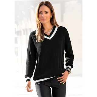 V-Ausschnitt-Pullover LASCANA Gr. 32/34, schwarz Damen Pullover V-Pullover mit Streifen-Details, weicher Strickpullover, casual-chic