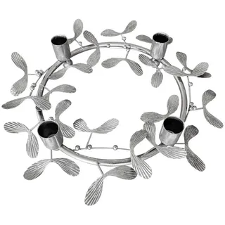 Online-Fuchs Kerzenständer Kerzenhalter, moderner Adventskranz für 4 Stabkerzen aus Metall (Silber, Gold, 30 cm Durchmesser), Filigranes Blattwerk silberfarben