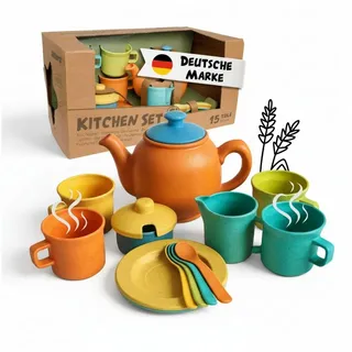 alldoro 60422 Teeservice Kinderküche, 15-TLG. Set aus nachhaltigem Kunststoff-Weizenstroh, Rollenspiel Geschirr ab 3 Jahren, Indoor & Outdoor