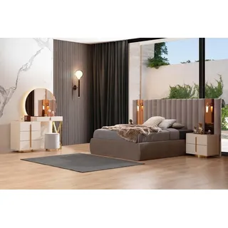 JVmoebel Schlafzimmer-Set Elegantes Bett mit Schminktisch und Nachttischen aus Holz, (4-tlg., Bett + 2x Nachttische + Schminktisch mit Spiegel), Made in Europa beige