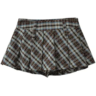 CABULE Retro-Karo-Faltenrock für Damen, A-Linien-Rock mit hohem Bund und doppelter Schnalle im College-Stil mit Unterteil – braun und grün kariert – M