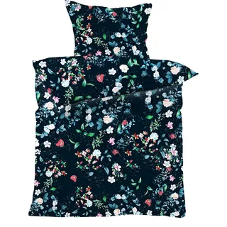 Lavea® Satinbettwäsche Set - Amelia 135 x 200cm + 80 x 80cm. Design: Blumen - Farbe: Schwarz/Bunt 100% Baumwolle. Hochwertig mit Reißverschluss.