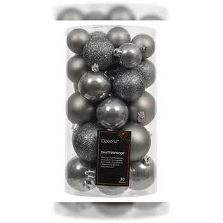 Christmas Decorations 30 Weihnachtskugeln Kunststoff 4-6cm Mix 30er Set - bruchsicher Christbaumkugeln Weihnachtsbaumkugeln Christbaumschmuck Weihnachtsbaumschmuck Zart Grau