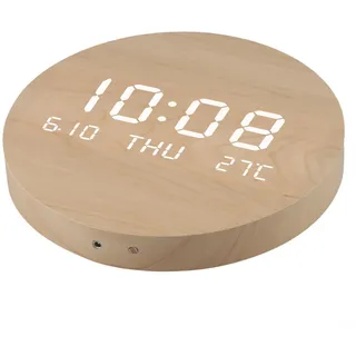 Runde Wanduhr aus Holz, LED-Display mit Temperatursensor, leiser Betrieb, digitale Uhr für Zuhause, Büro, Datum, Uhrzeit, Dual-Power-Modus