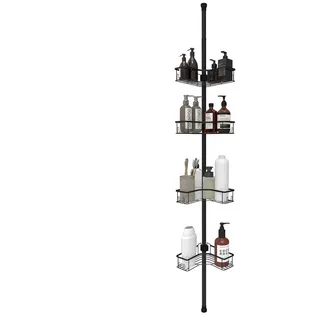 Sekey Duschregal Teleskop-Duschregal ohne Bohren, 4 Ablagen, 80–310 cm, Badregal Eckregal, höhenverstellbar, bis 20 KG schwarz