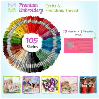 Mira Handcrafts Baumwollegarn in Regenbogen-Farben für Stickerei -Kreuzstich-Themen – Freundschaftsbänder - Handwerk - 105 Stränge pro Packung und kostenloses Set Qualitäts-Sticknadeln