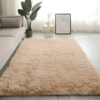 Swsen Teppich Wohnzimmer Super Weich - Shaggy Teppiche Flauschig Anti-Rutsch Unterseite - Moderner Carpet Hochflor Langflor Waschbar Teppiche 200x300 cm, Beige