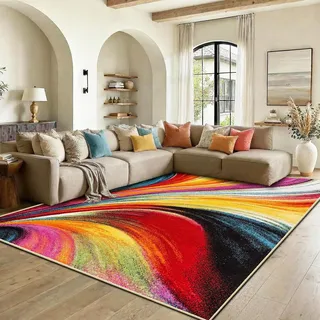 WQMMD Bunt Waschbare Teppiche 200x300cm Kinderzimmer Kurzflor rutschfest Moderne Wellen Muster Geometrische Teppich Maschinenwaschbar für Wohnzimmer Esszimmer küche Schlafzimmer (Rot Gelb Orange)