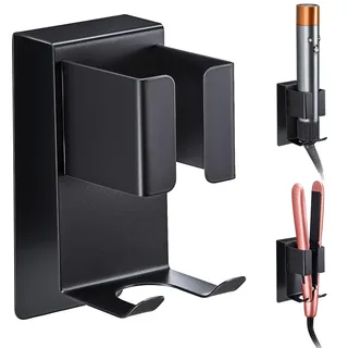YYBO Glätteisen Halterung Ohne Bohren, Föhnhalter Wand, Lockenstab Halterung, Fönhalter Wandhalterung für Styler Zubehör Aufbewahrung, Fönhalterung Haartrocknerhalter für Bad, Schwarz (1 Stück)