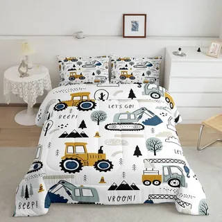 Cartoon-Auto-Kinder-Bettwäsche-Set, BAU-Bettwäsche-Set, Dekoration, LKWs, Tröster, Cartoon-Auto-Bagger, Traktor, Weiß, Gelb, Bettwäsche-Set, Schlafzimmer, Bettwäsche-Set, 2-teiliges Doppelbett