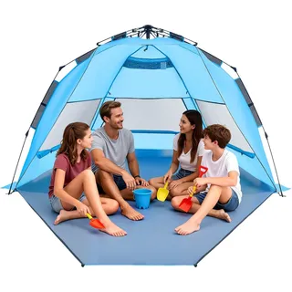 Vevor Pop-Up Strandmuschel Sonnenschutz für 4 Personen, UPF 50+ Schutz, Tragbares Strandzelt mit Tragetasche & Bodenverankerungen, Leichter Strandsonnenschirm für Camping Angeln Picknick, Sonnenzelt