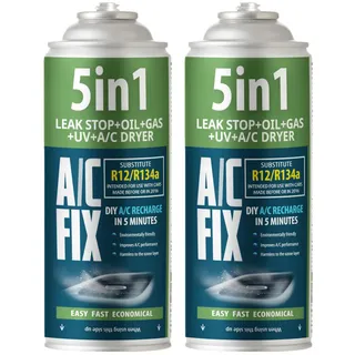 AC FIX 5in1 - Kältemittel R134a x 2 470 g für Auto Klimaanlage mit Öl, Dichtungsmittel, UV-Farbstoff, Trocknungsmittel - Schützt den Kompressor
