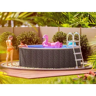 poolomio® Stahlwandpool rund 360 x 120 cm Rattan | Robuster Gartenpool als Aufstellbecken oder Einbaupool | Aufstellpool Komplettset mit Innenfolie 0,5 mm, Skimmer & Einlaufdüse