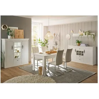 Lomadox Esszimmer-Set RAPLA-61, (Spar-Set, 4-St., Highboard Wandboard Sideboard Esstisch), mit LED-Beleuchtung, Pinie weiß, Landhaus-Stil weiß