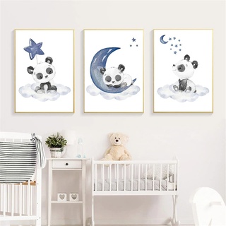 CULASIGN 3er Set Blau Pinguin Panda mit Star Poster, DIN A4 ohne Rahmen Kinderzimmer Babyzimmer Deko Bilder Kinderzimmer Mädchen und Jungen (A)