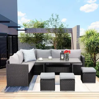 MEXO Gartenmöbel-sets Terrassenmöbel Set, Rattan Eckbänke mit Esstisch für 6-9 Personen, Dining Lounge set outdoor wetterfest, Wintergarten sch... - Schwarz/Grau