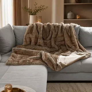 Quantum Interior by Maxland Felldecke, Kuscheldecke Flauschige Pelzdecke, Wendedecke Felloptik, XXL Überwurf für Sofa & Bett, hochwertig rustikale Tagesdecke (Braun/Wolf/Simba, 150 x 200 cm)