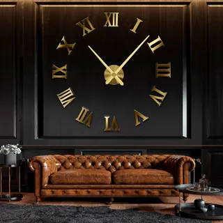 R&M ORIENT® 3D Wanduhr große Moderne Mute DIY – Römische Ziffern – Luxus Dekoration Geschenk – Wandtattoo – Uhren für Büro Wohnzimmer Schlafzimmer Dekoartikel Home Office Quarzuhr (C-Gold)