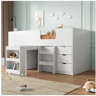 Flieks Hochbett Kinderbett 90x200cm mit ausziehbarem Schreibtisch Schrank Schubladen weiß