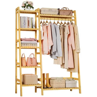 Yorbay Kleiderständer aus Bambus, Multifunktionale Garderobenständer 103x40x145 cm, 7 Ablagefächer Garderobe für Flur, Schlafzimmer & Büro
