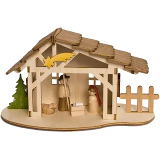 Kuhnert Drechslerei Hobaku Bastelset - Motiv: Krippenstall mit Heiliger Familie - Maße: ca. 18 x 10 x 9cm - Dekoration aus Holz zum Zusammenbauen - kein Spielzeug - Made in Germany